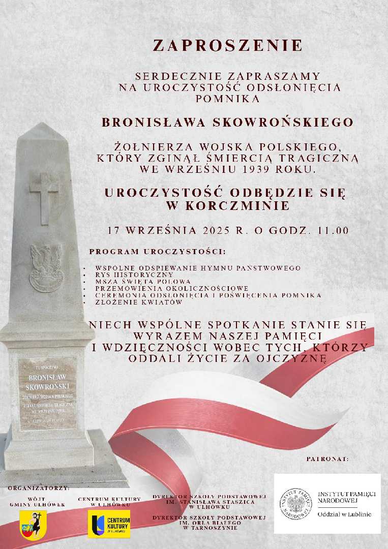 Zdjęcie do artykułu: Uroczystość odsłonięcia pomnika Bronisława Skowrońskiego, żołnierza Wojska Polskiego, który zginął śmiercią tragiczną we wrześniu 1939 roku.