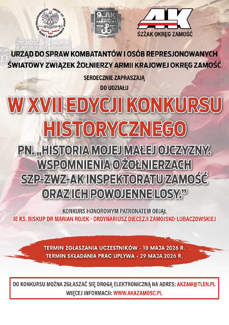 Zdjęcie do artykułu:  XVII edycja konkursu historycznego pn.,,Historia mojej małej Ojczyzny. Wspomnienia o żołnierzach SZP-ZWZ-AK Inspektoratu Zamość oraz ich powojenne losy” 