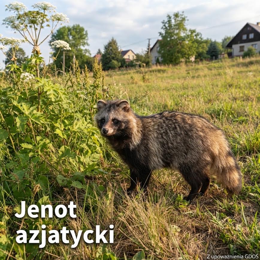 Plansza pomagająca rozpoznać jenota azjatyckiego