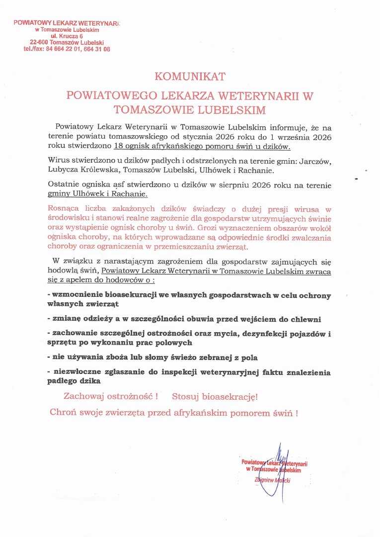 Zdjęcie do artykułu: Komunikat Powiatowego Lekarza Weterynarii – zagrożenie ASF