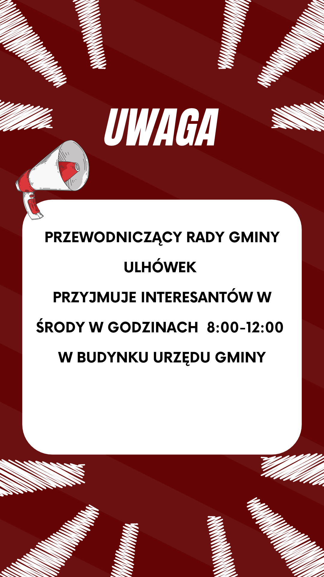 Przewodniczący Rady Gminy Ulhówek — plakat z godzinami przyjęć