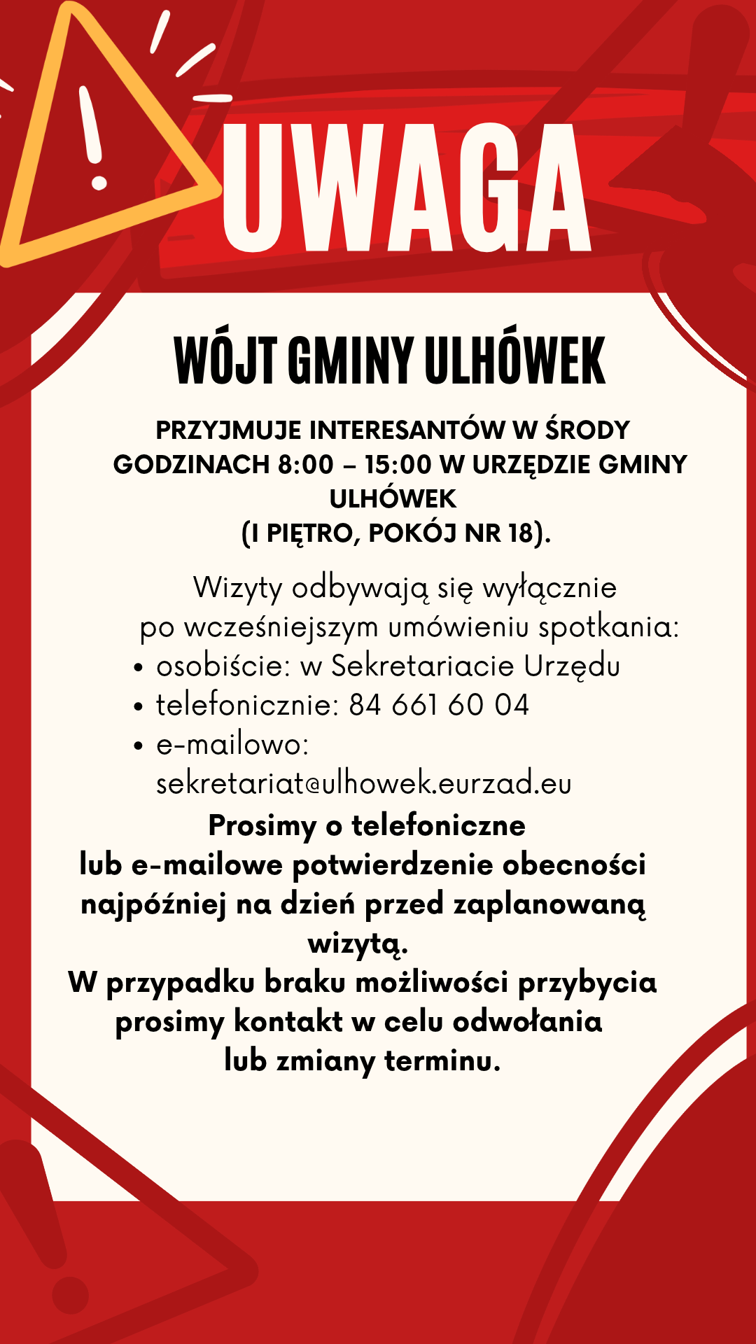 Wójt Gminy Ulhówek — plakat z godzinami przyjęć i zasadami umawiania wizyt