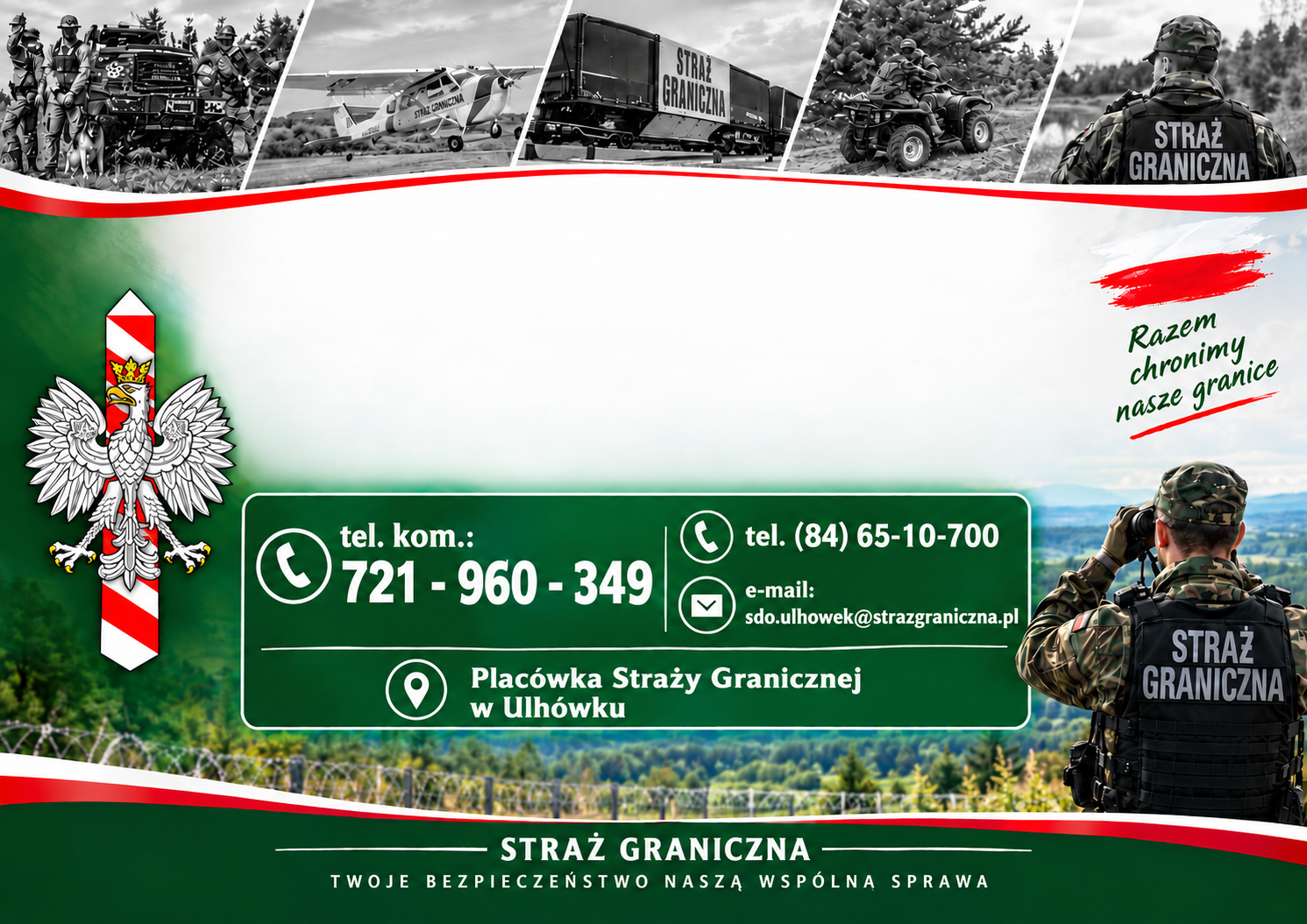 Plakat Placówki Straży Granicznej w Ulhówku. Dane kontaktowe podano powyżej.